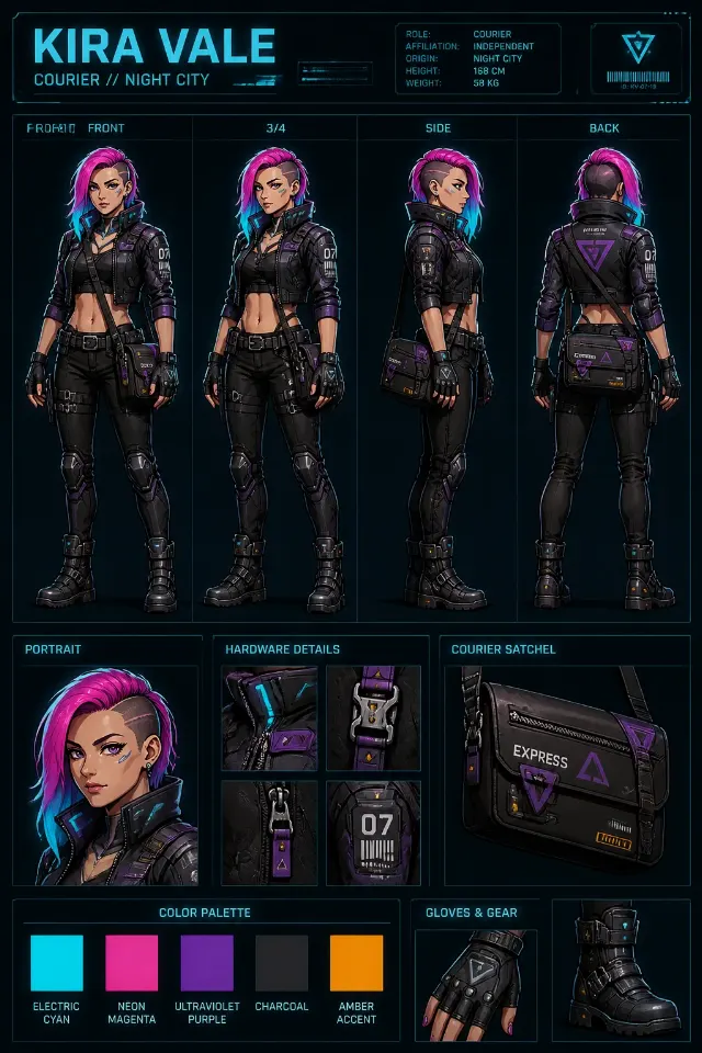 Anime Cyberpunk Courier Turnaround Sheet