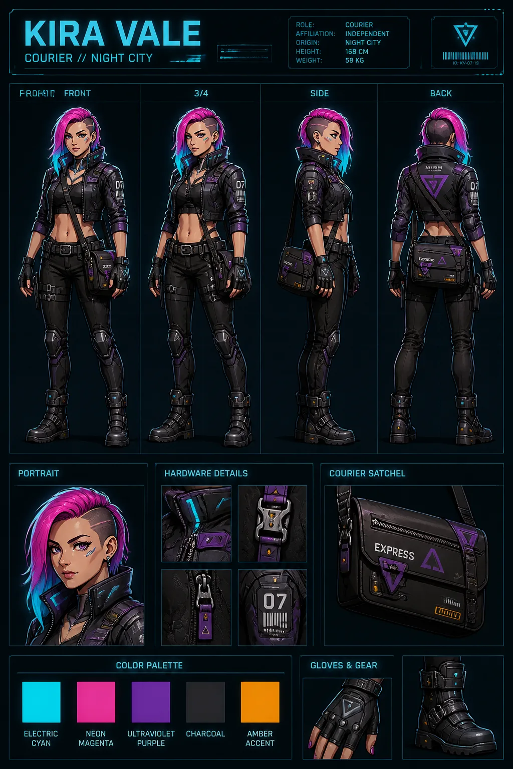 Anime Cyberpunk Courier Turnaround Sheet