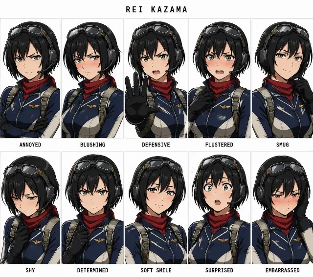 Anime Tsundere Pilot Expression Sheet