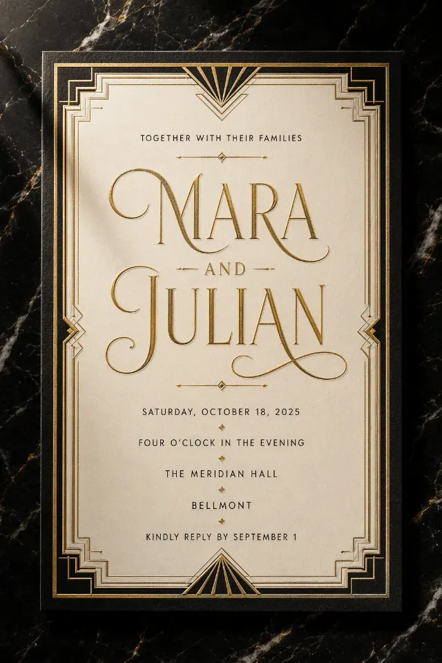 Art Deco Black And Gold Wedding Invitation