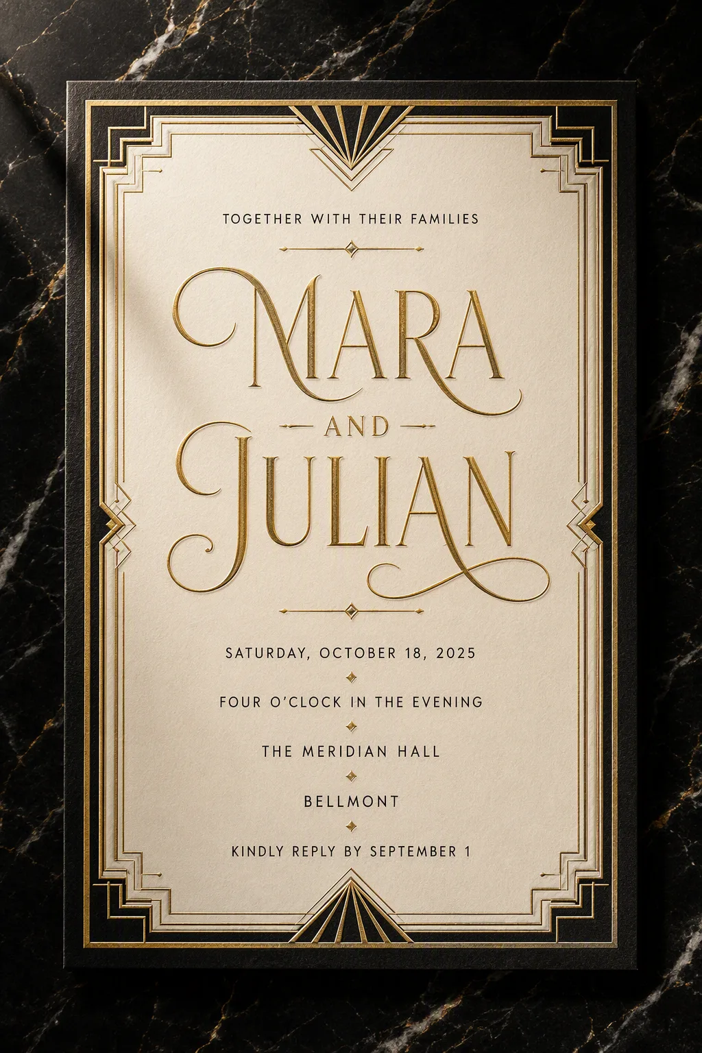Art Deco Black And Gold Wedding Invitation