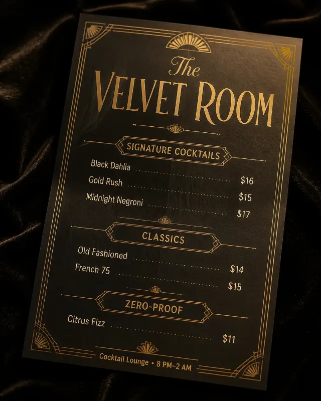 Art Deco Speakeasy Cocktail Menu