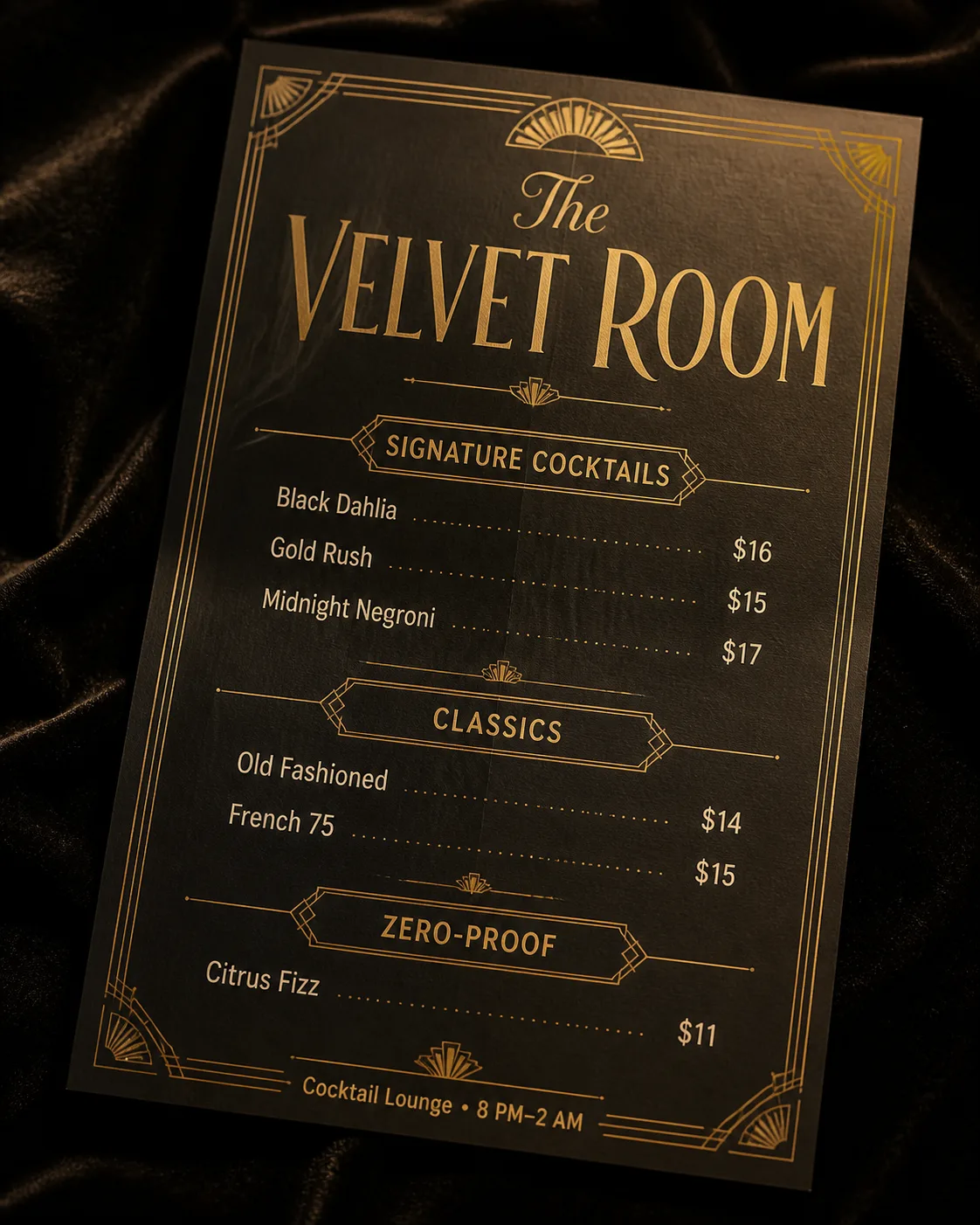 Art Deco Speakeasy Cocktail Menu
