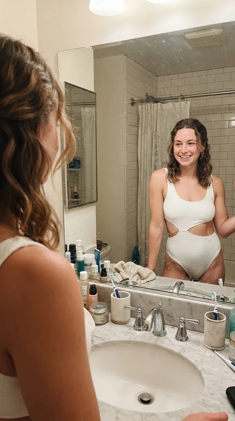 Bathroom Mirror Swimsuit Try-On Selfie