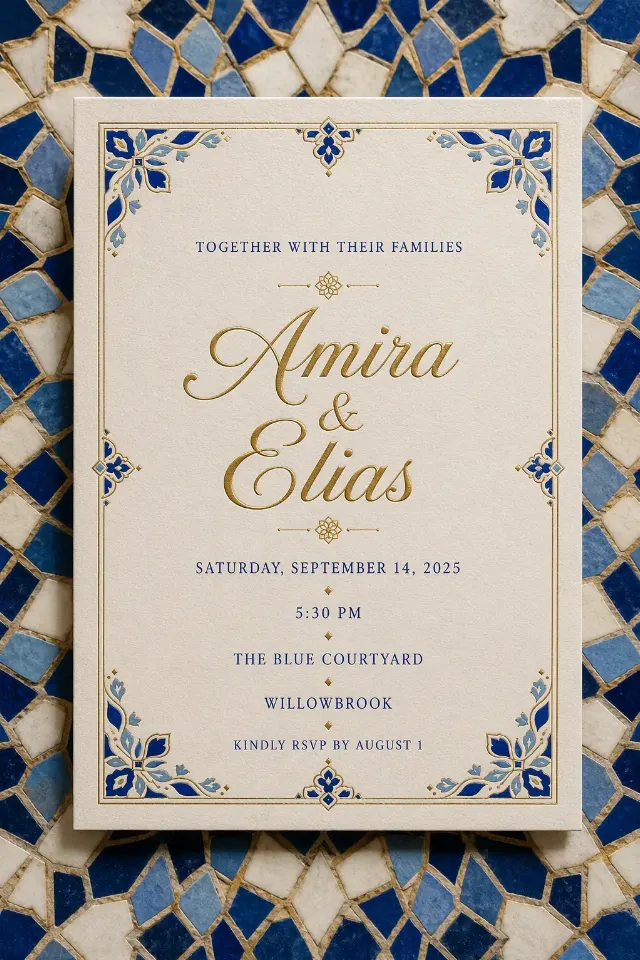Blue And Gold Moroccan Tile Wedding Invitation