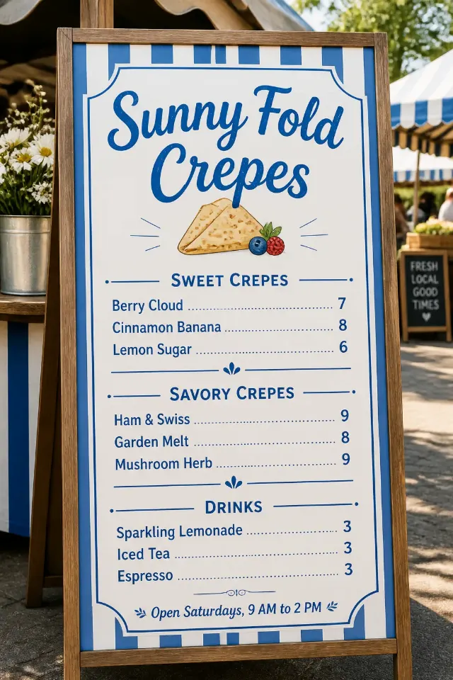 Blue And White Crepe Stand Menu Board