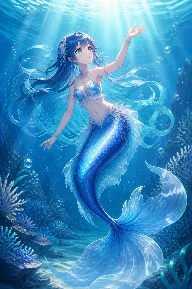 Blue Haired Underwater Mermaid Anime Character