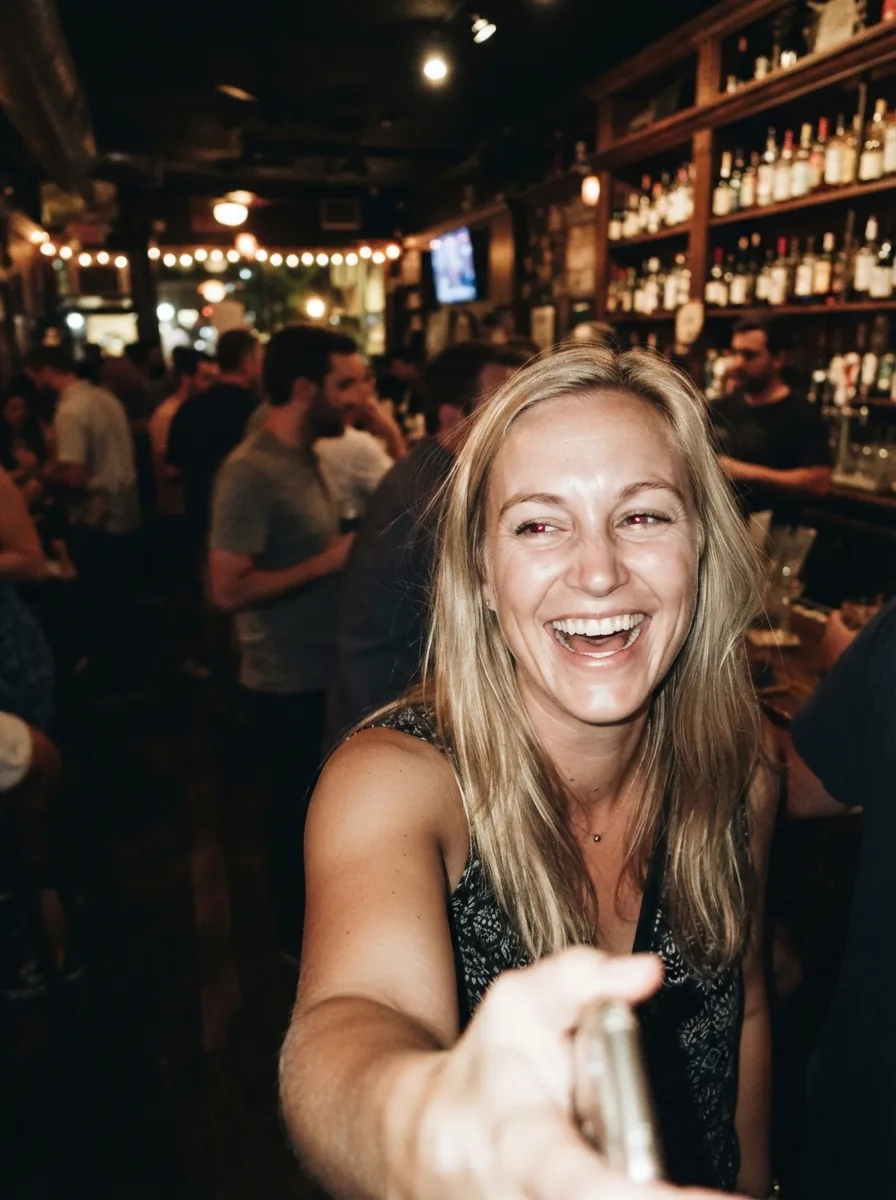 Blurry Mid-Laugh Bar Selfie Portrait