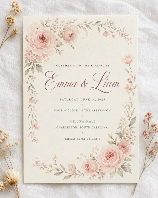 Blush Watercolor Rose Wedding Invitation