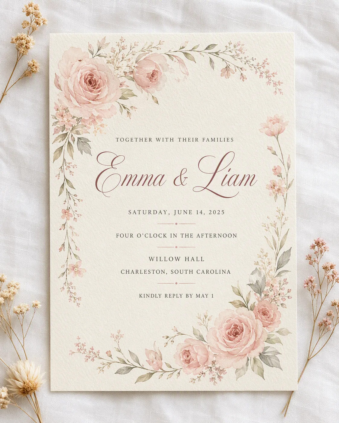 Blush Watercolor Rose Wedding Invitation