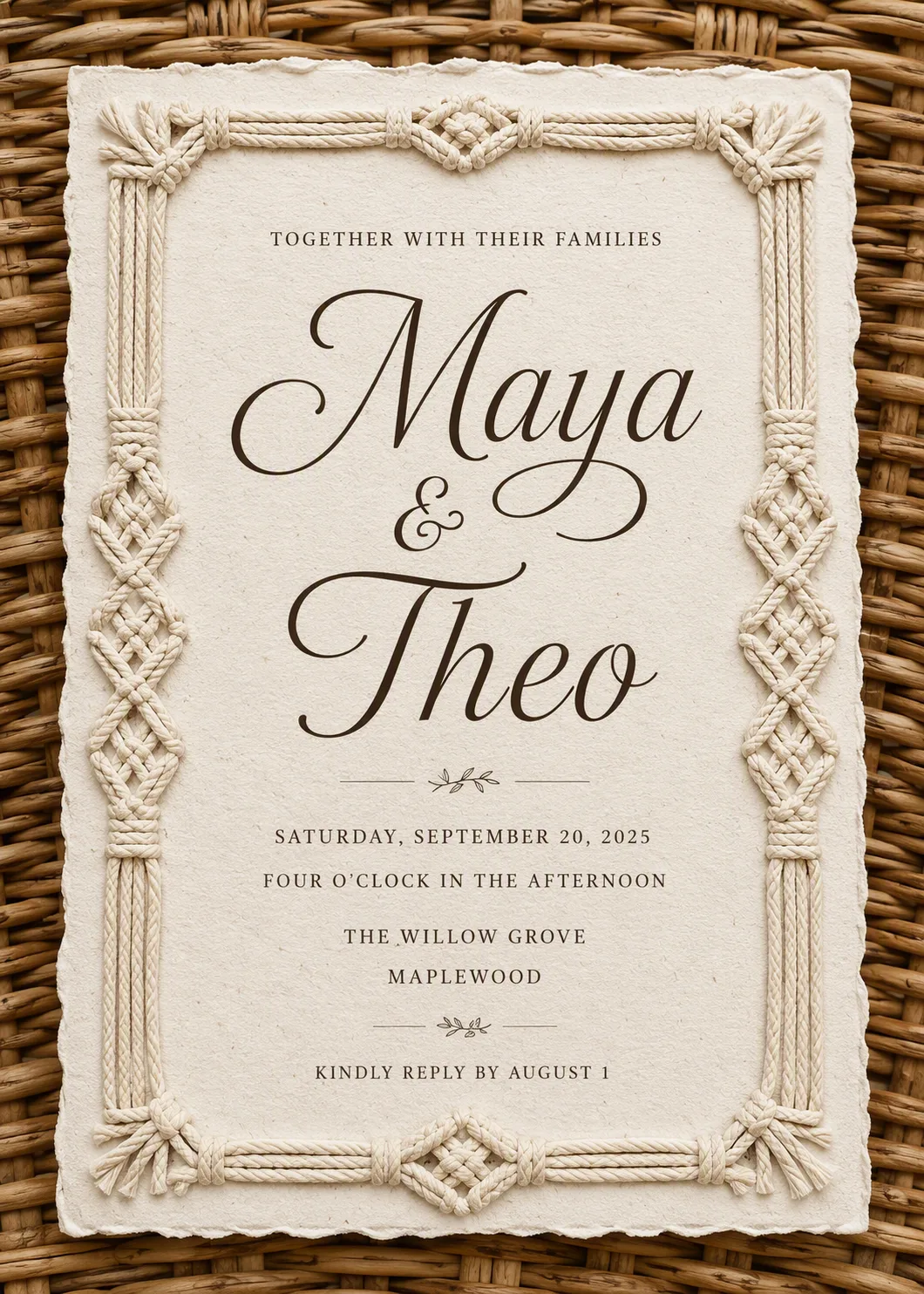 Boho Macramé Wedding Invitation On Rattan