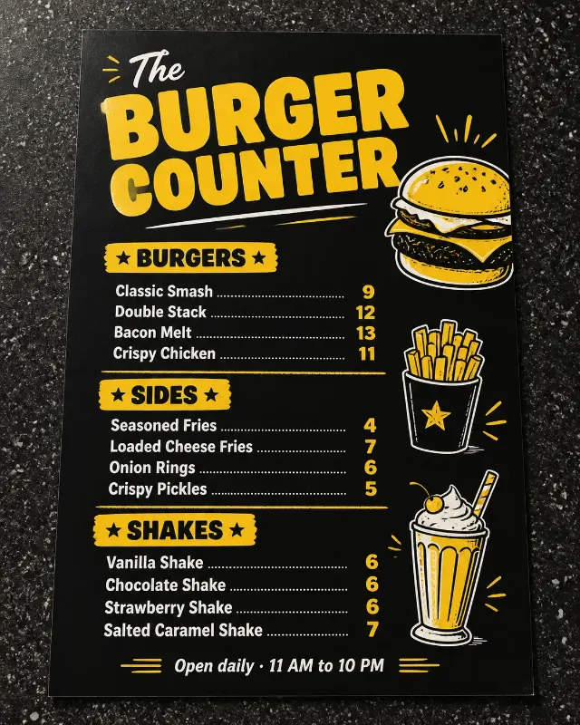 Bold Black And Yellow Burger Menu