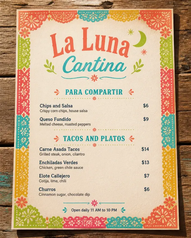 Bright Papel Picado Mexican Cantina Menu