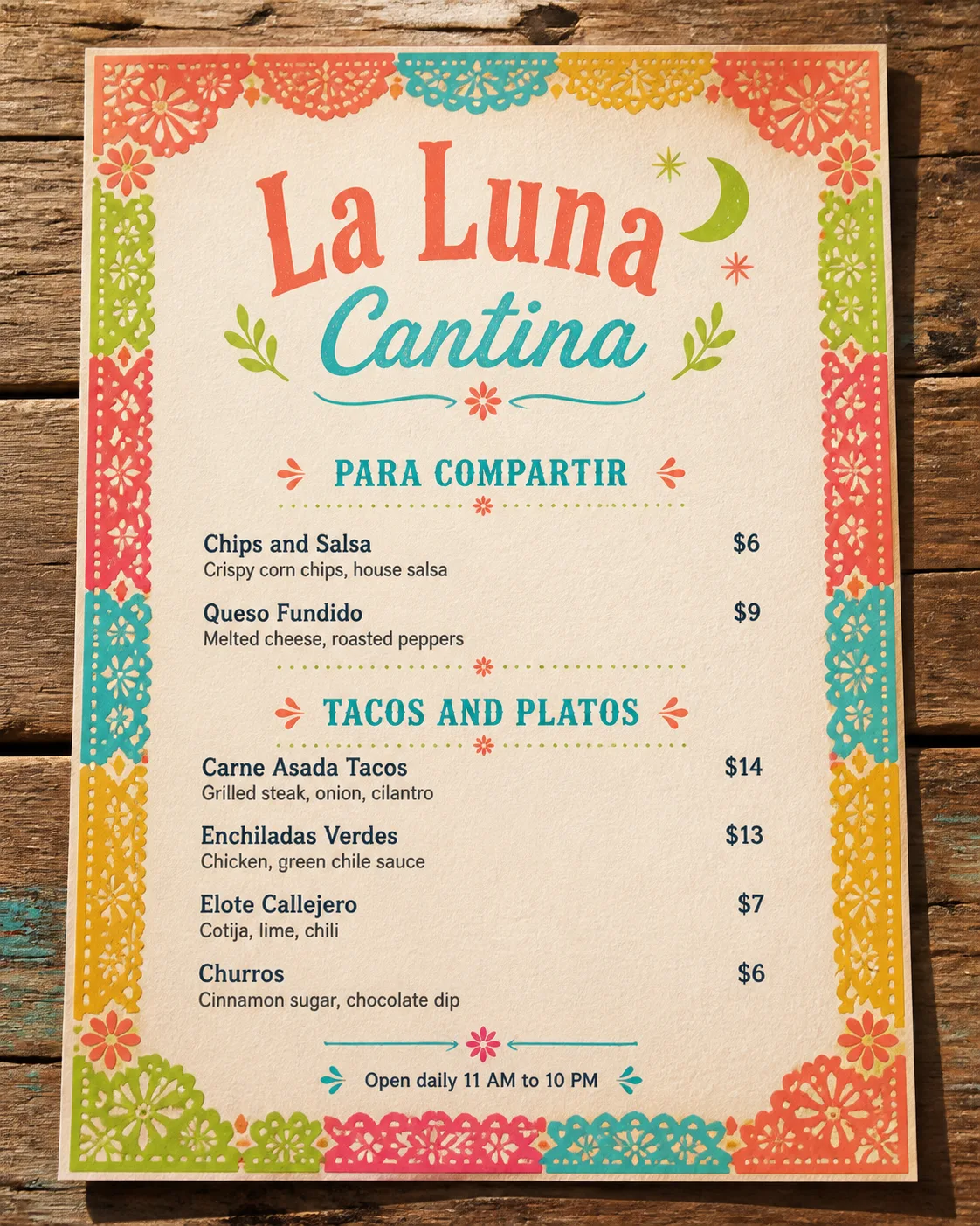 Bright Papel Picado Mexican Cantina Menu