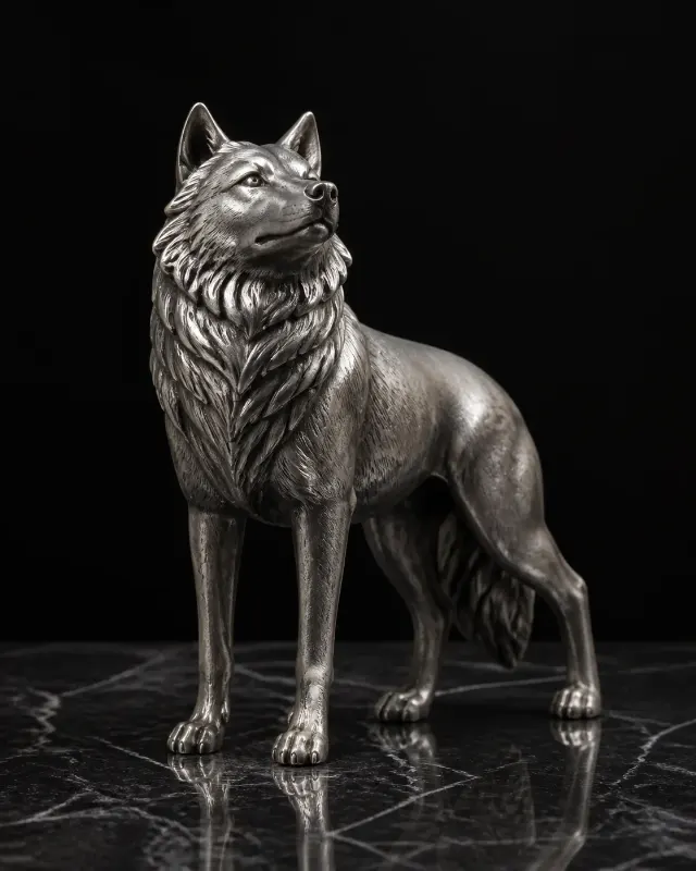 Brushed Steel Wolf Figurine On Marble