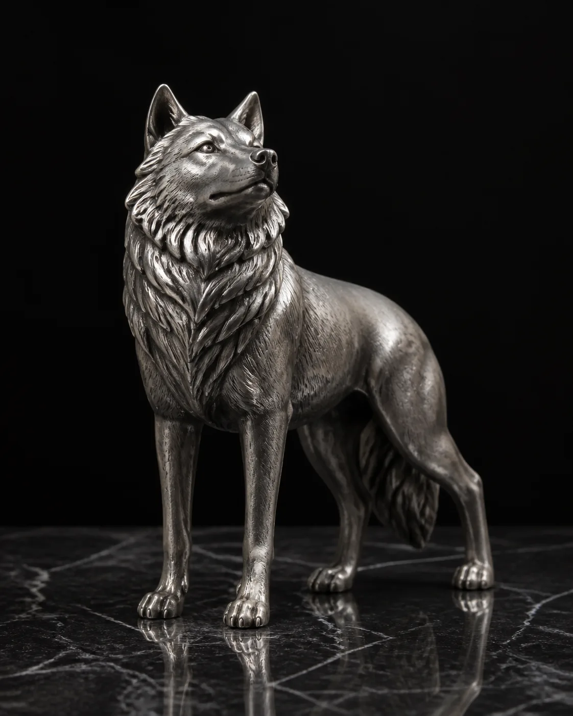 Brushed Steel Wolf Figurine On Marble