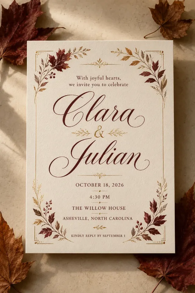 Burgundy Gold Autumn Wedding Invitation