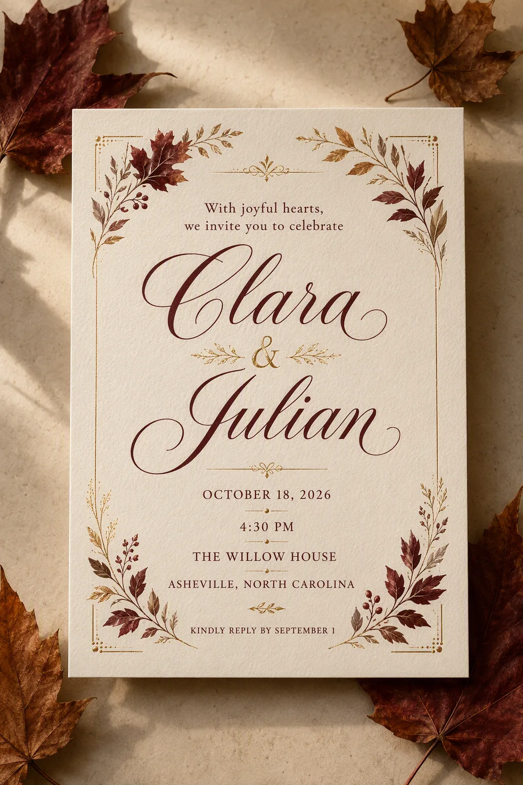 Burgundy Gold Autumn Wedding Invitation