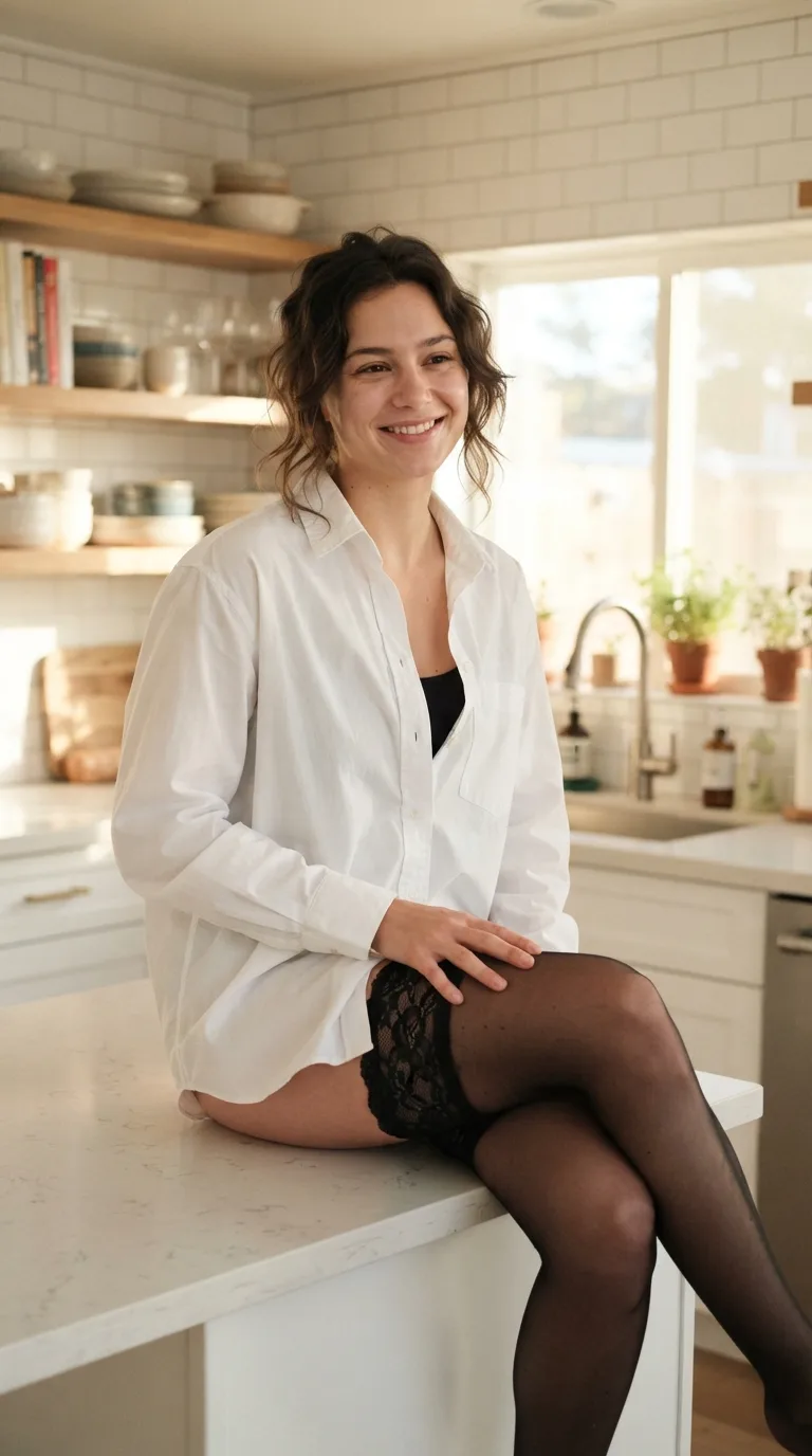 Candid Kitchen Counter Try-On Shot