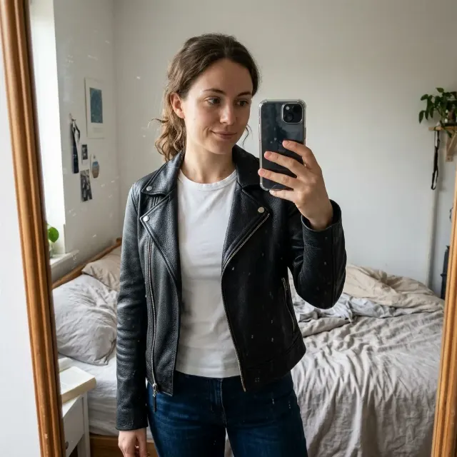 Candid Leather Jacket Mirror Selfie