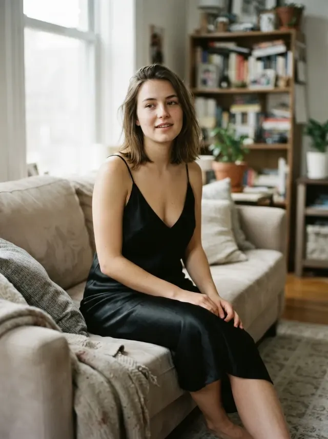 Candid Satin Slip Dress Sofa Portrait