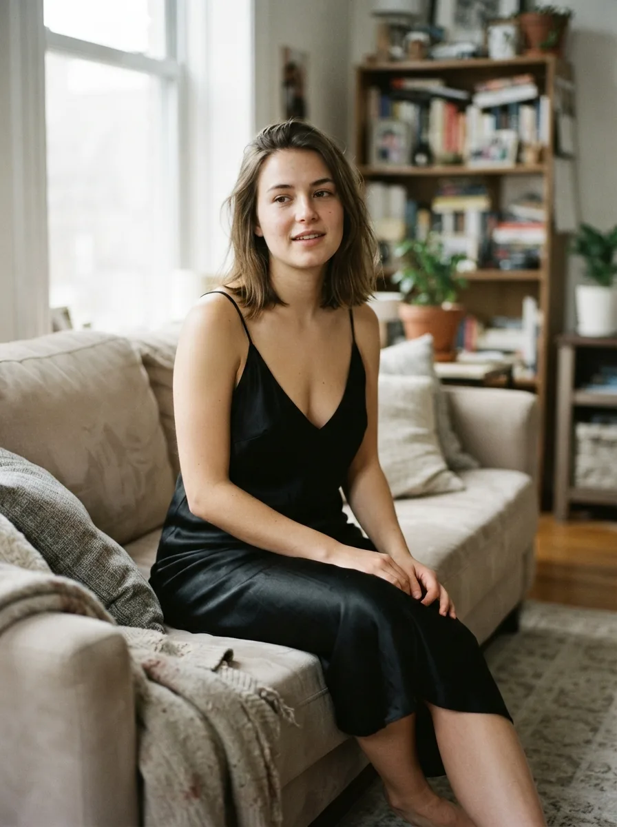 Candid Satin Slip Dress Sofa Portrait