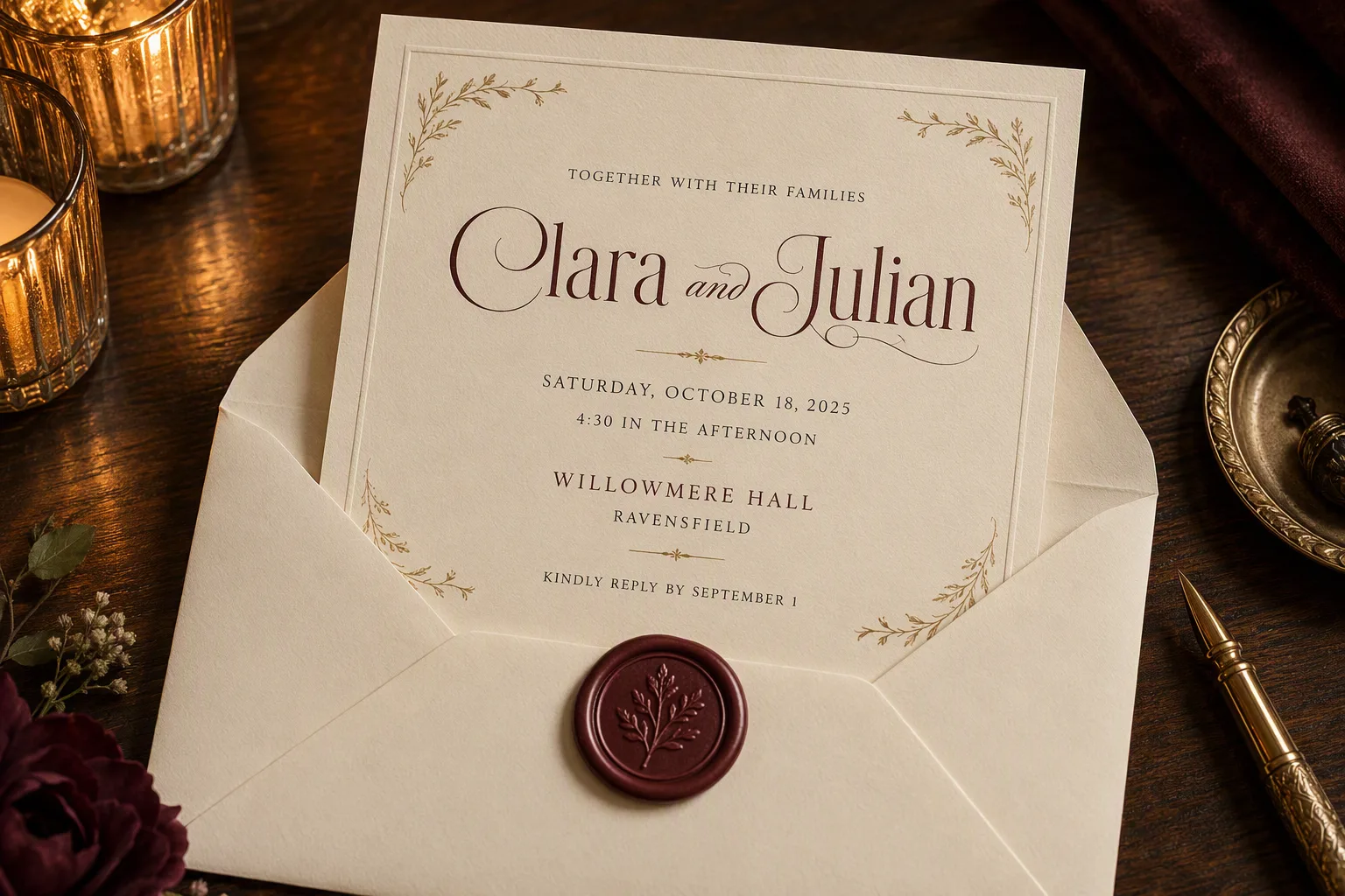 Candlelit Burgundy Wax Seal Wedding Invitation