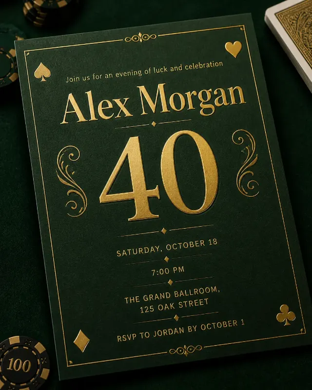 Casino Night Birthday Invitation On Dark Felt