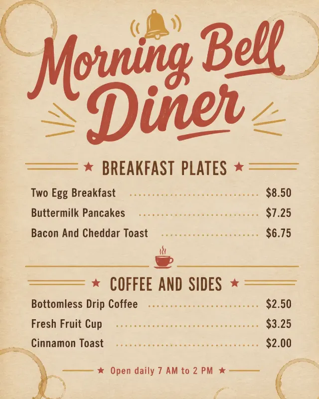 Casual Breakfast Diner Placemat Menu