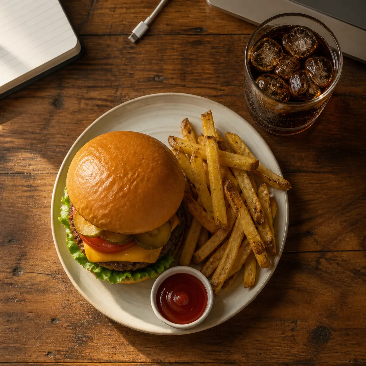 Casual Burger Meal Desk Overhead Photo