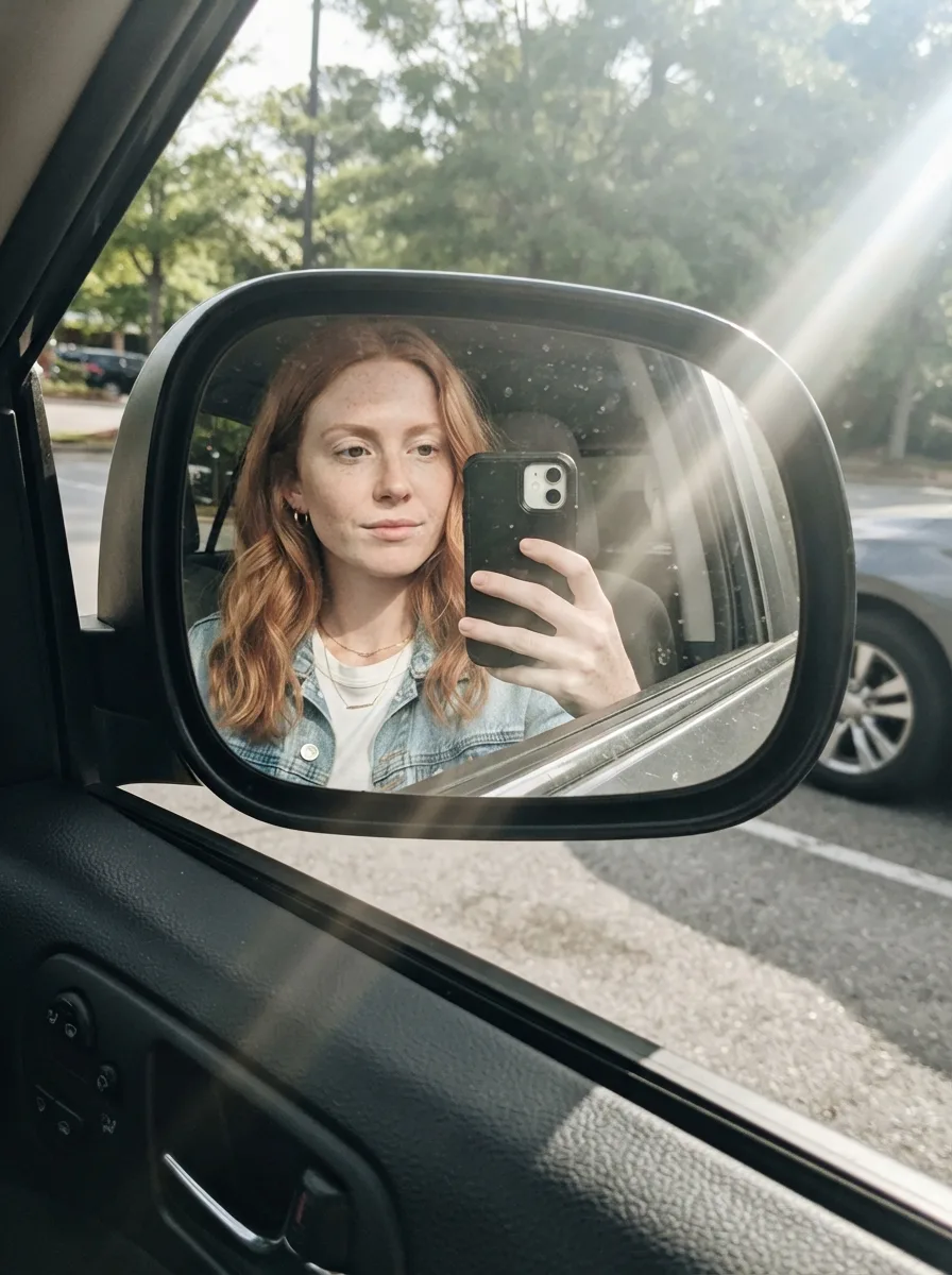 Casual Car Mirror Selfie With Sun Glare