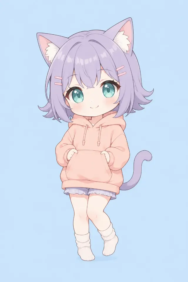 Chibi Anime Cat Girl In Oversized Hoodie