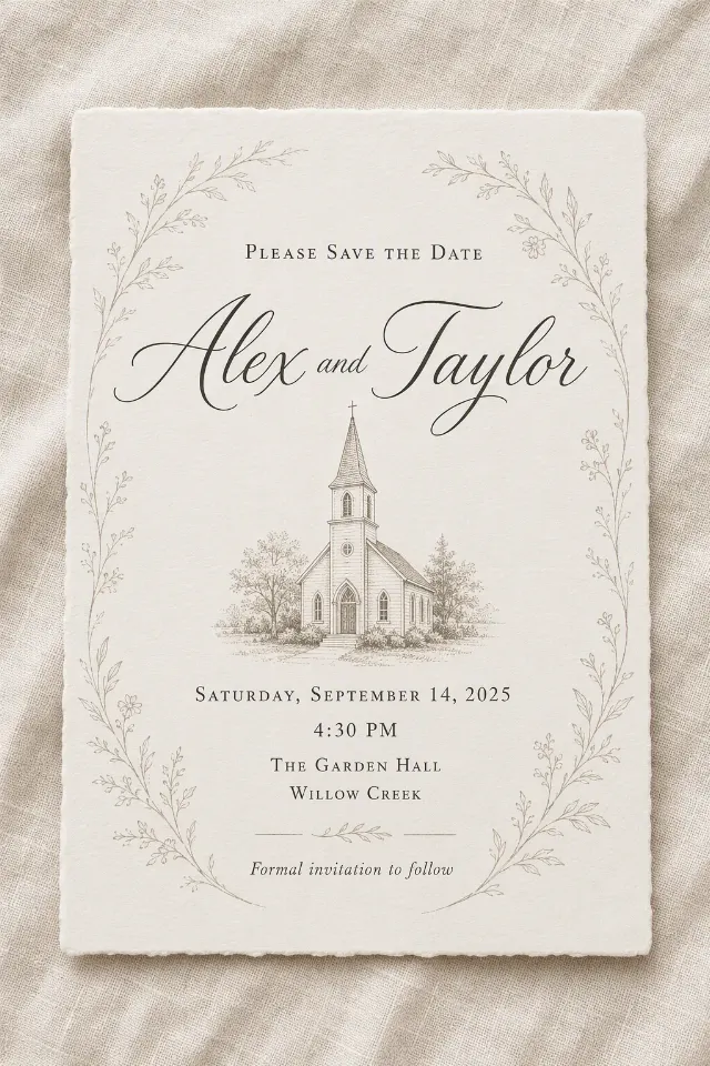 Church Line Art Save The Date Card