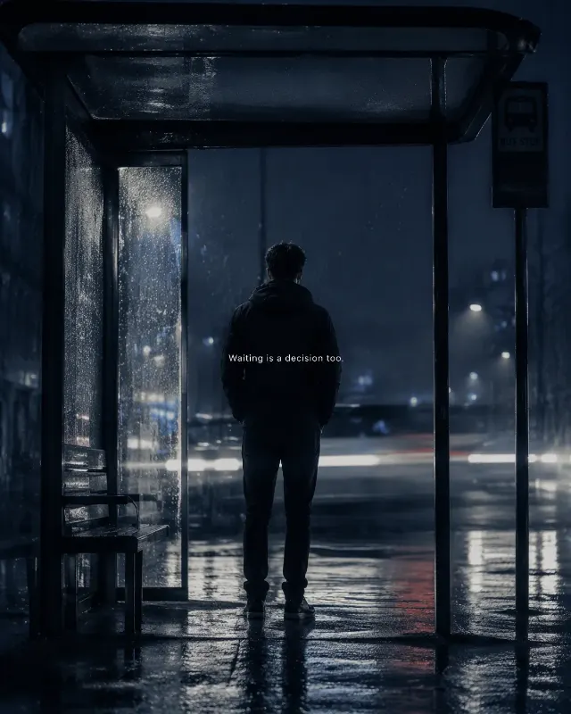 Cinematic Rainy Bus Stop Quote Photo