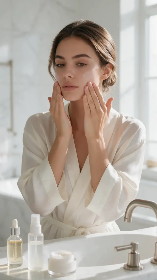 Clean Girl Bathroom Skincare Portrait