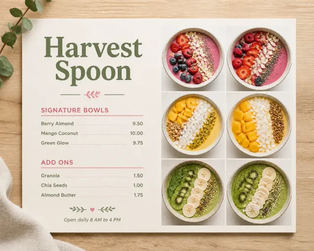 Clean Smoothie Bowl Cafe Menu Flat Lay
