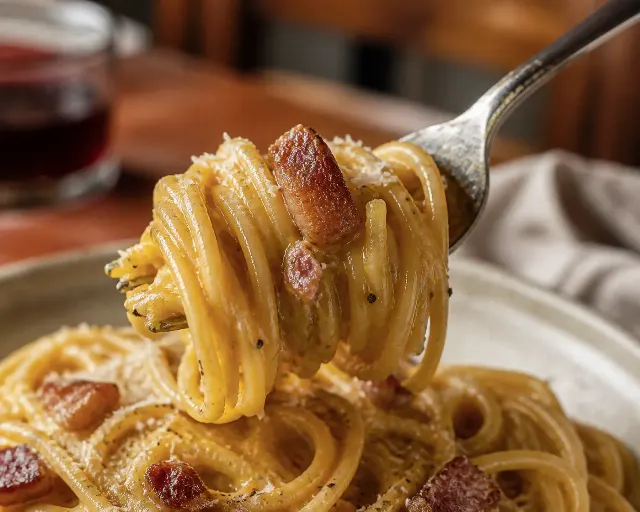 Close-Up Pasta Carbonara Fork Twirl
