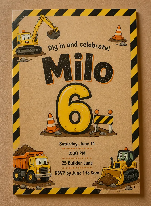 Construction Truck Kids Birthday Invitation