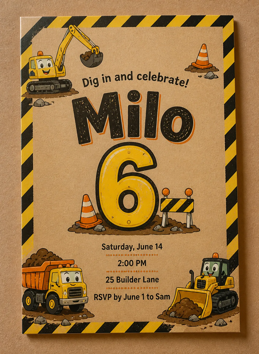 Construction Truck Kids Birthday Invitation