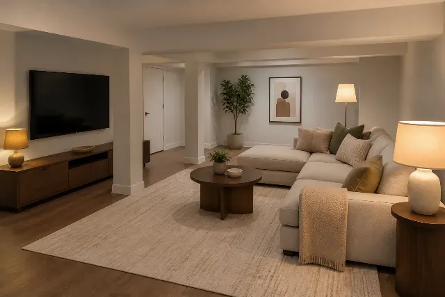 Cozy Basement Family Room Virtual Staging