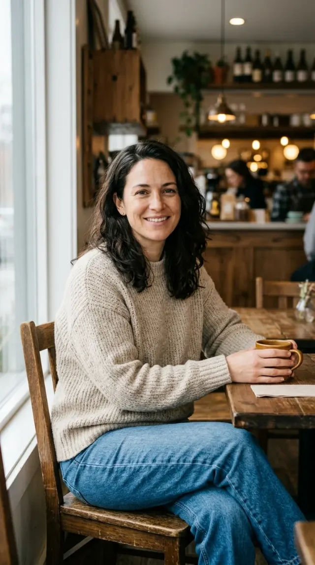 Cozy Cafe Sweater Outfit Portrait
