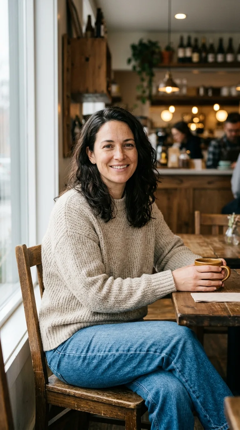 Cozy Cafe Sweater Outfit Portrait
