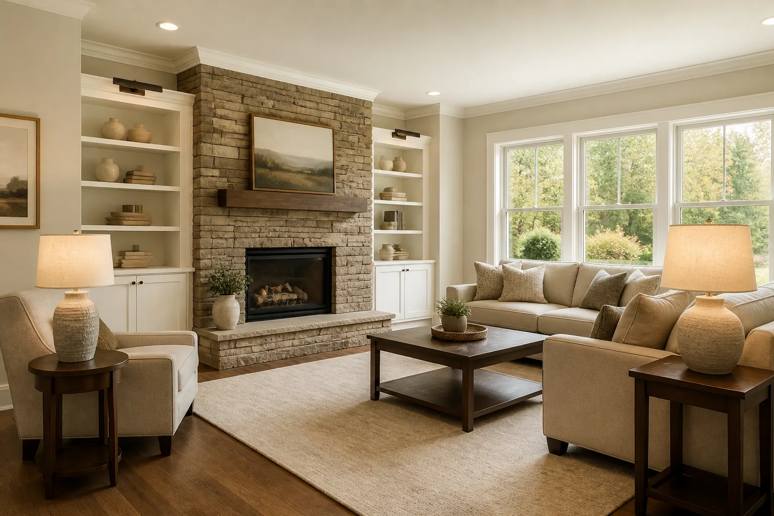 Cozy Stone Fireplace Living Room Photo