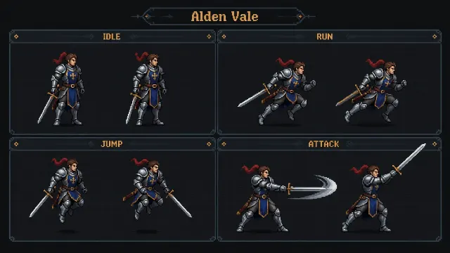 Dark Game UI Pixel Knight Pose Sheet