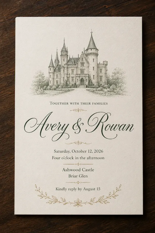 Deep Green Castle Wedding Invitation