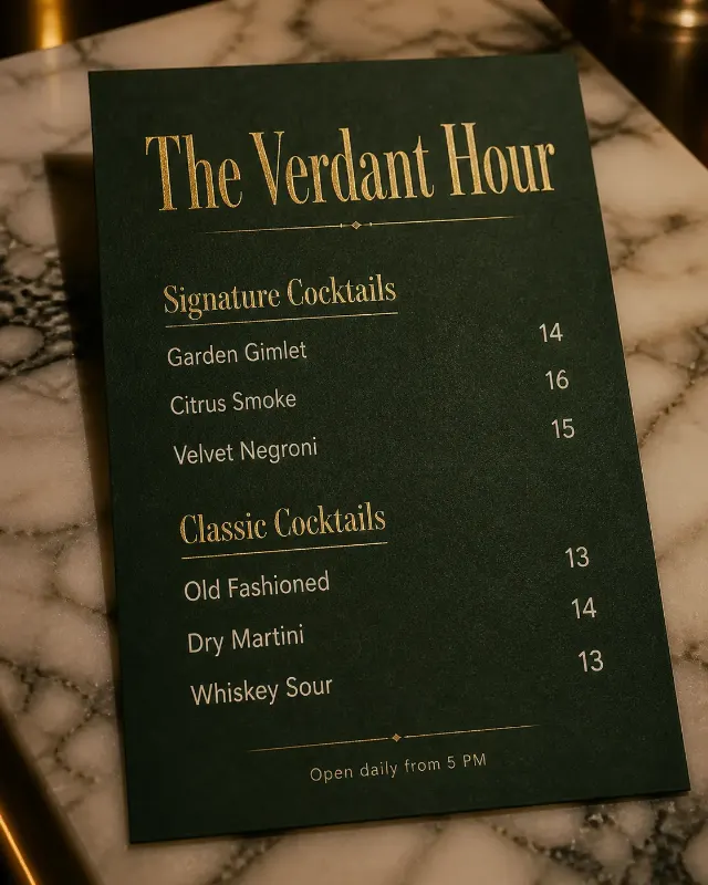 Deep Green Gold Foil Cocktail Bar Menu
