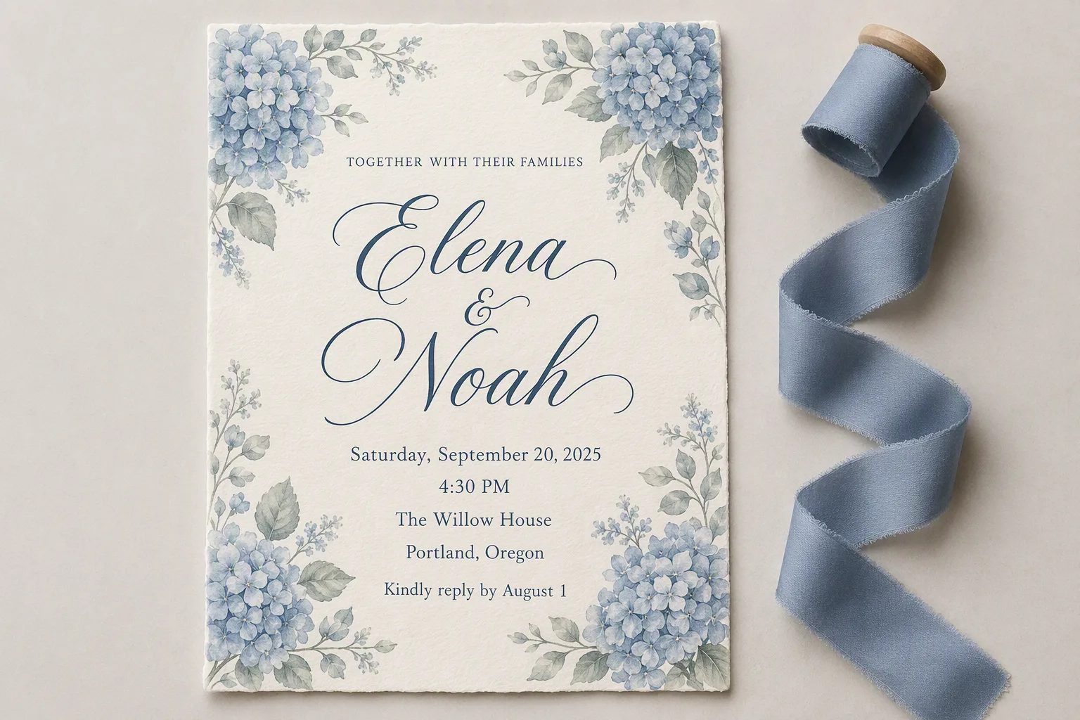 Dusty Blue Hydrangea Wedding Invitation