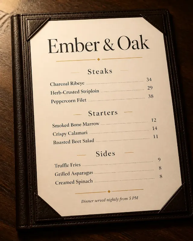 Elegant Steakhouse Menu In Leather Folder