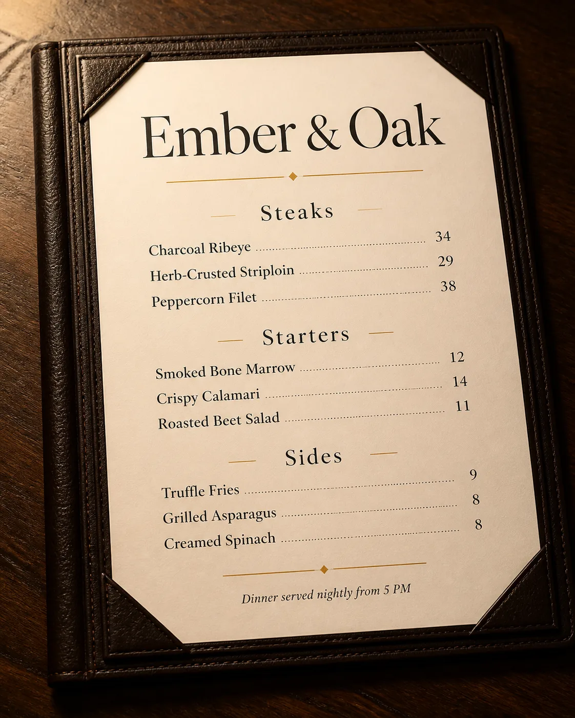 Elegant Steakhouse Menu In Leather Folder