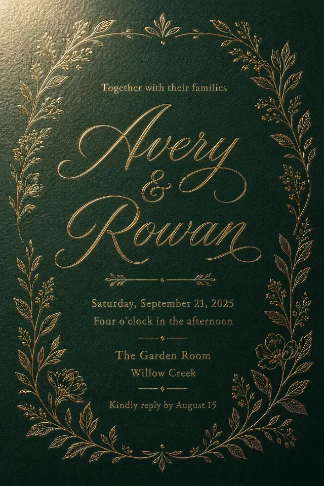 Emerald Botanical Foil Wedding Invitation